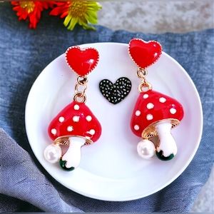 Gold-plated Red Heart Pearl mushroom earrings with silver post BOGO